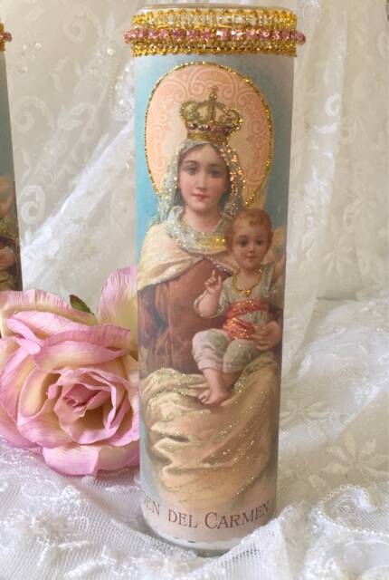 Virgin Del Carmen Prayer Candle, Rhinestone Trim, Religious Altar Decor - image 1