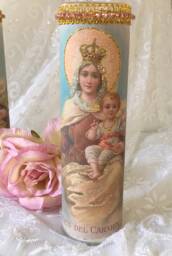 Virgin Del Carmen Prayer Candle, Rhinestone Trim, Religious Altar Decor