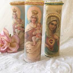 Virgin Del Carmen Prayer Candle, Rhinestone Trim, Religious Altar Decor - thumbnail 2