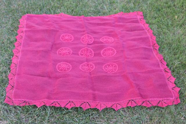 Large/Square/ Hand Crochet Tablecloth/ Burgundy Linen With Applications/Crochet Edges/ Ready To Ship - image 1
