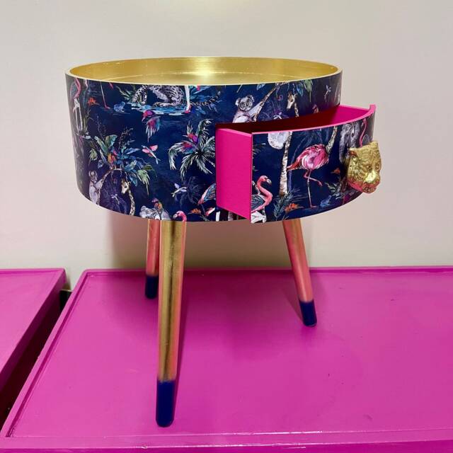 Hot Pink Navy Blue & Gold Metallic Leaf Magenta Leopard Round Bedside Table . Ideal Nightstand Or Side Table, Tropical Flamingo Print - image 1