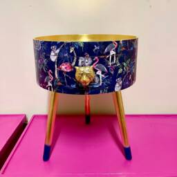 Hot Pink Navy Blue & Gold Metallic Leaf Magenta Leopard Round Bedside Table . Ideal Nightstand Or Side Table, Tropical Flamingo Print - thumbnail 3
