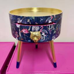 Hot Pink Navy Blue & Gold Metallic Leaf Magenta Leopard Round Bedside Table . Ideal Nightstand Or Side Table, Tropical Flamingo Print - thumbnail 4