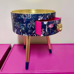Hot Pink Navy Blue & Gold Metallic Leaf Magenta Leopard Round Bedside Table . Ideal Nightstand Or Side Table, Tropical Flamingo Print