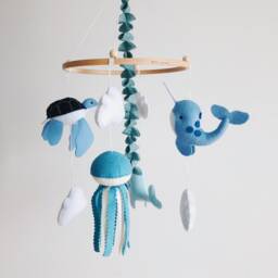 Nautical Baby Mobile Whale, Turtle, Jellyfish, Felt Ocean Nursery Decor - thumbnail 2