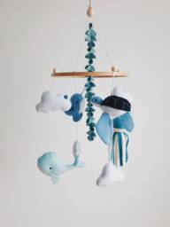 Nautical Baby Mobile Whale, Turtle, Jellyfish, Felt Ocean Nursery Decor - thumbnail 1