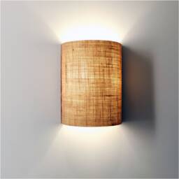 Oak Wood Wall Sconce With A Half-Cylinder Shade in Natural Jute Burlap Fabric, Optional Plug. Boho Style - thumbnail 1