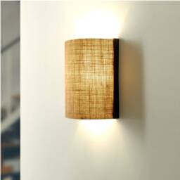 Oak Wood Wall Sconce With A Half-Cylinder Shade in Natural Jute Burlap Fabric, Optional Plug. Boho Style - thumbnail 2