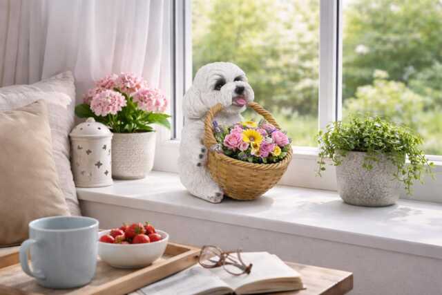 Puppy Planter Ornament With Flower Basket, Resin Dog Figurine, Windowsill Decor - image 1
