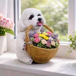 Puppy Planter Ornament With Flower Basket, Resin Dog Figurine, Windowsill Decor - thumbnail 2