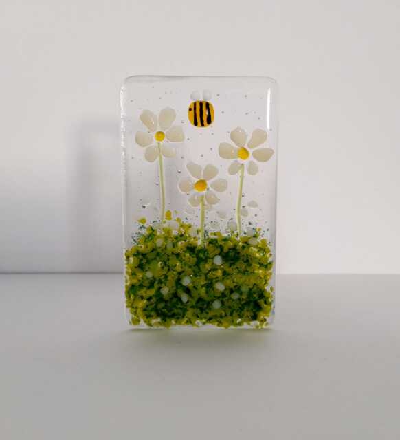 Fused Glass French Vanilla Daisy Tea Light Holder Handmade Bee Floral Candle Holder - image 1