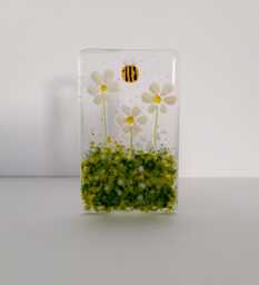 Fused Glass French Vanilla Daisy Tea Light Holder Handmade Bee Floral Candle Holder - thumbnail 1
