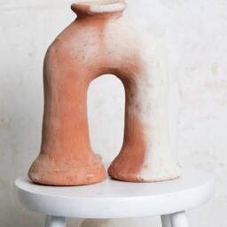 Mid-Season Sale Moroccan Unglazed, Raw Tamegroute Ceramic, Abstract Ecru Elephant's Foot Candlestick Sculpture, Craftsmanship - thumbnail 3