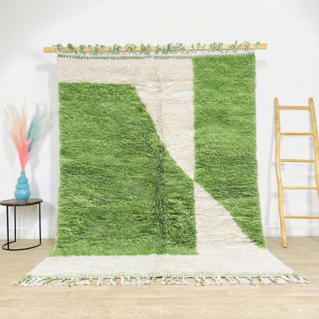 Moroccan Green Berber Rug, Handwoven Wool Shag Rug With Geometric Shapes, Authentic Beni Ourain Style Carpet, Large 9x12 Area - image 1
