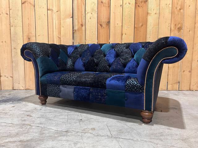 Unique British Handmade 2 Seater Navy Blue Velvet Fabric Patchwork Chesterfield Sofa - image 1