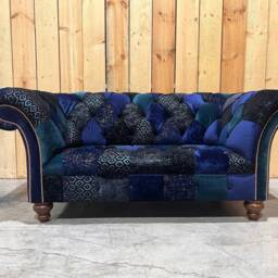 Unique British Handmade 2 Seater Navy Blue Velvet Fabric Patchwork Chesterfield Sofa - thumbnail 2