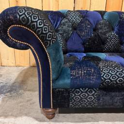 Unique British Handmade 2 Seater Navy Blue Velvet Fabric Patchwork Chesterfield Sofa - thumbnail 3