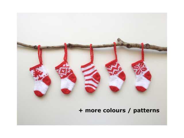 Five Handknitted Small Mini Tiny Little Christmas Stocking Tree Decoration Red White Set Of 5 Ready To Ship - image 1