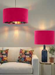 Handmade Hot Pink Velvet Drum Lamp Shade Rainbow Pattern Pendant Light - thumbnail 1
