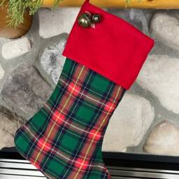 Plaid Flannel Christmas Stocking Embroidered Cuff With Jingle Bells, Farmhouse Decor - thumbnail 3