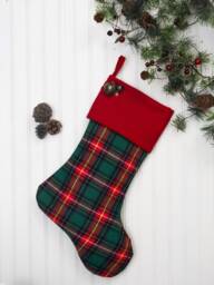 Plaid Flannel Christmas Stocking Embroidered Cuff With Jingle Bells, Farmhouse Decor