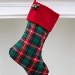 Plaid Flannel Christmas Stocking Embroidered Cuff With Jingle Bells, Farmhouse Decor - thumbnail 2