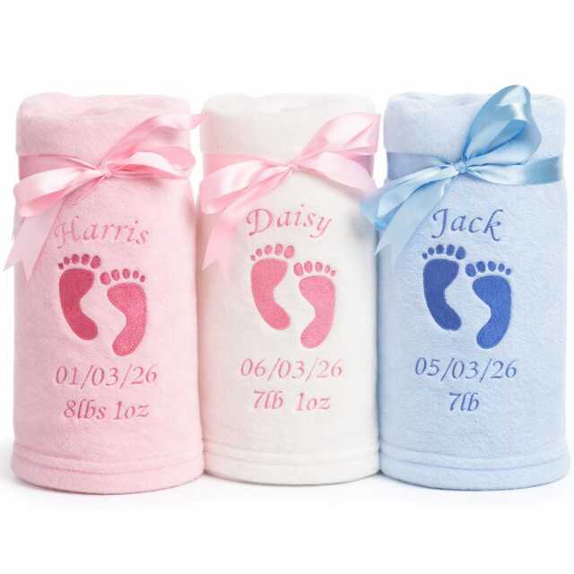 Personalised Baby Blanket Embroidered Footprints Name Date Weight Newborn Gift - image 1