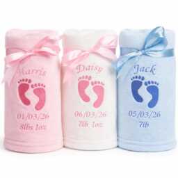 Personalised Baby Blanket Embroidered Footprints Name Date Weight Newborn Gift - thumbnail 1