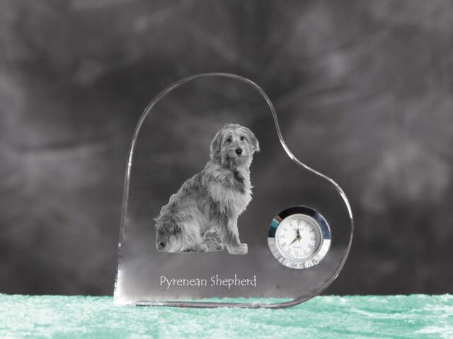 Pyrenean Shepherd - Crystal Clock in The Shape Of A Heart With Image Pure-Bred Dog - image 1