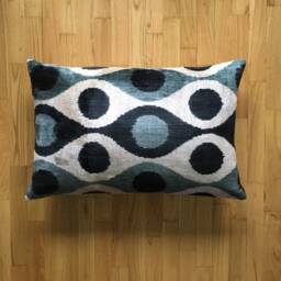 Black Velvet Ikat Lumbar Pillow Cover Traditional Handwoven Uzbek Silk Fabric - thumbnail 2