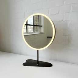 Orbis Countertop Round Mirror With Modern Brass Frame & Front Illumination - thumbnail 3