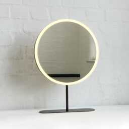 Orbis Countertop Round Mirror With Modern Brass Frame & Front Illumination - thumbnail 1