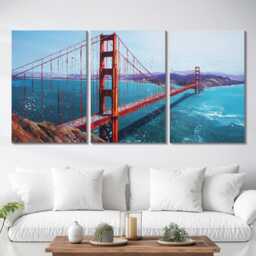 San Francisco Golden Gate Bridge 3 Panel Split Canvas Wall Art Fog California Oil Painting Framed Home Decor Usa Travel Gift - thumbnail 2