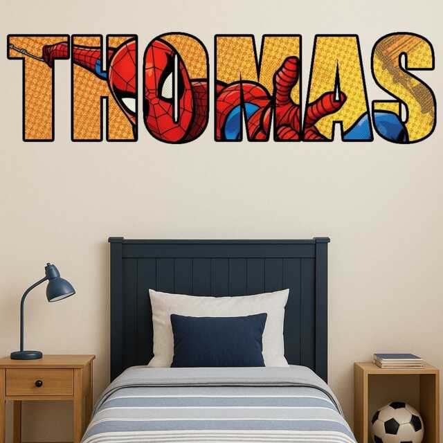 Kids Personalised Name Sticker Spiderman Bedroom Wall Decal Super Hero Boys Girl - image 1