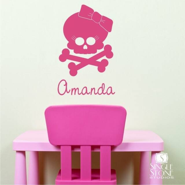 Nursery Girl Skull Wall Decal With Bow - Vinyl Sticker Art Custom Home Decor - image 1