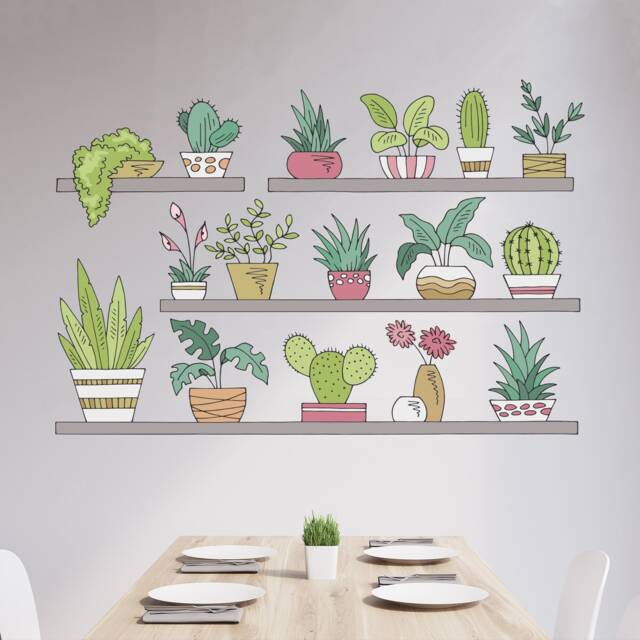 Plant Wall Sticker - Cartoon Plants On Shelves Decals Nature Art - image 1