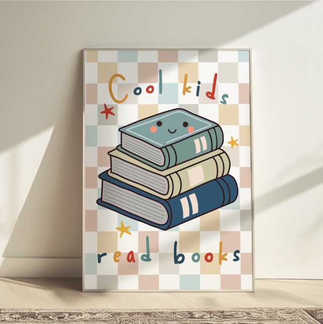 Cool Kids Read Books in Bright Colours, Checkered Pattern Boy Prints, Retro Bedroom Playroom, Scandi Nursery Decor - image 1