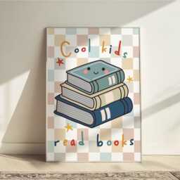 Cool Kids Read Books in Bright Colours, Checkered Pattern Boy Prints, Retro Bedroom Playroom, Scandi Nursery Decor - thumbnail 1