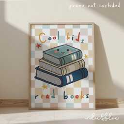 Cool Kids Read Books in Bright Colours, Checkered Pattern Boy Prints, Retro Bedroom Playroom, Scandi Nursery Decor - thumbnail 2