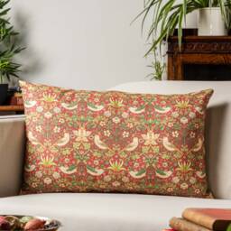 William Morris Strawberry Thief Printed Xl Rectangular Cushion in Red. Vintage Arts & Crafts Botanical Floral Print. 23X15 - thumbnail 1