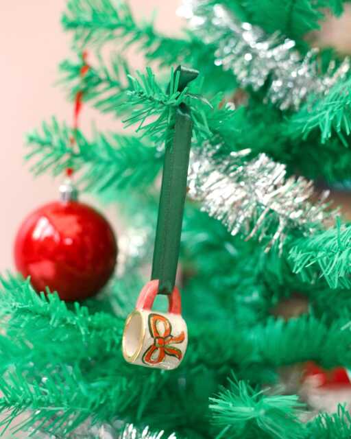 Hand-Painted Ceramic Christmas Red Bow Mug Ornament Gold Lustre Holiday Decoration - image 1