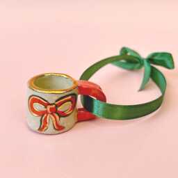 Hand-Painted Ceramic Christmas Red Bow Mug Ornament Gold Lustre Holiday Decoration - thumbnail 2