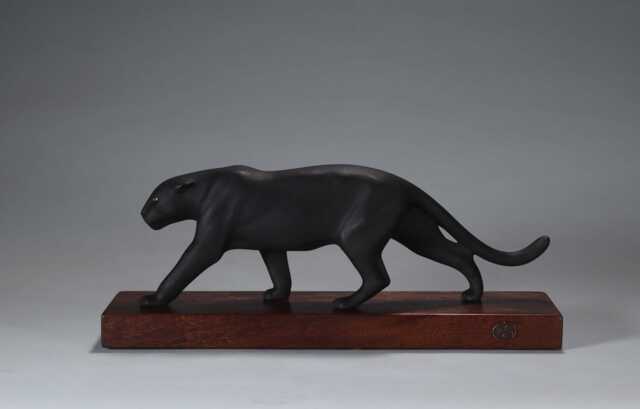 Black Panther Jaguar Sculpture By John Perry 13In Long Eyes Painted Hardwood Base. Signed - image 1