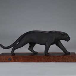 Black Panther Jaguar Sculpture By John Perry 13In Long Eyes Painted Hardwood Base. Signed - thumbnail 3