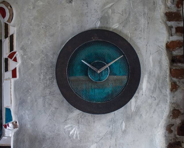 Industrial Metal Wall Clock Sea Colors Grid Mesh, Handmade Iron Rim, By The Steel Style Things - image 1