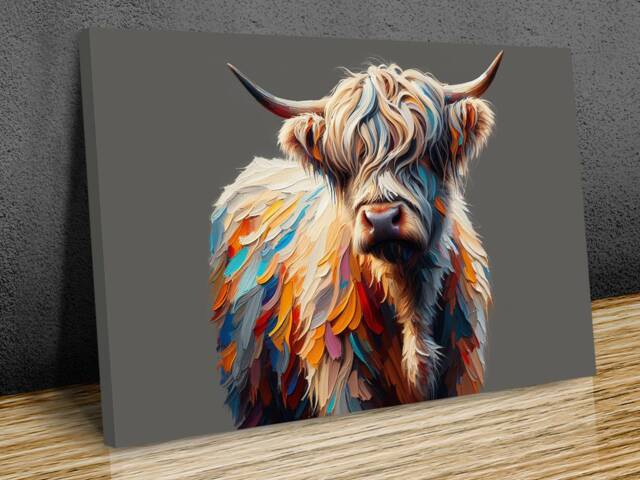 Hairy Scottish Cow Vibrant Colours Solid Grey Background Wall Art, Hangings , Home D??cor, Mounted Canvas Print Ready To Hang - image 1