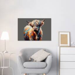 Hairy Scottish Cow Vibrant Colours Solid Grey Background Wall Art, Hangings , Home D??cor, Mounted Canvas Print Ready To Hang - thumbnail 2