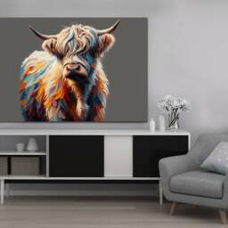Hairy Scottish Cow Vibrant Colours Solid Grey Background Wall Art, Hangings , Home D??cor, Mounted Canvas Print Ready To Hang - thumbnail 3
