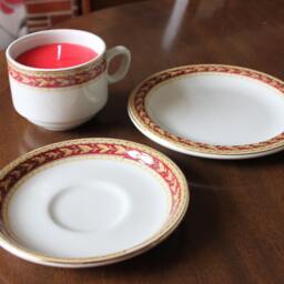 Teacup Candle Bridgwood Sampsonite Trio, Red & Gold Leaf Zigzag Design, Filled With Wax, Christmas, Birthday Gift - thumbnail 4