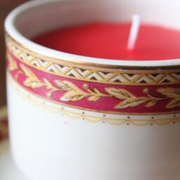 Teacup Candle Bridgwood Sampsonite Trio, Red & Gold Leaf Zigzag Design, Filled With Wax, Christmas, Birthday Gift - thumbnail 2